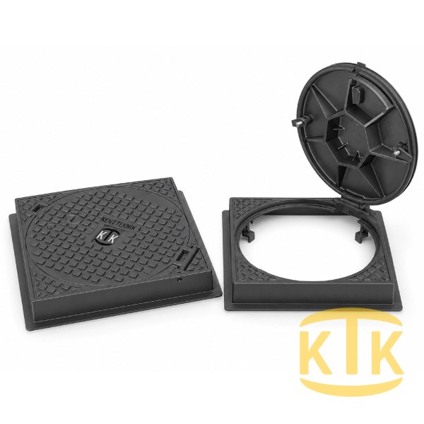 Döküm Kare Çerçeveli Yuvarlak Rögar Kapağı Takımı Ø600 mm (kare çerçeve) B125 (DKT-600-B4)